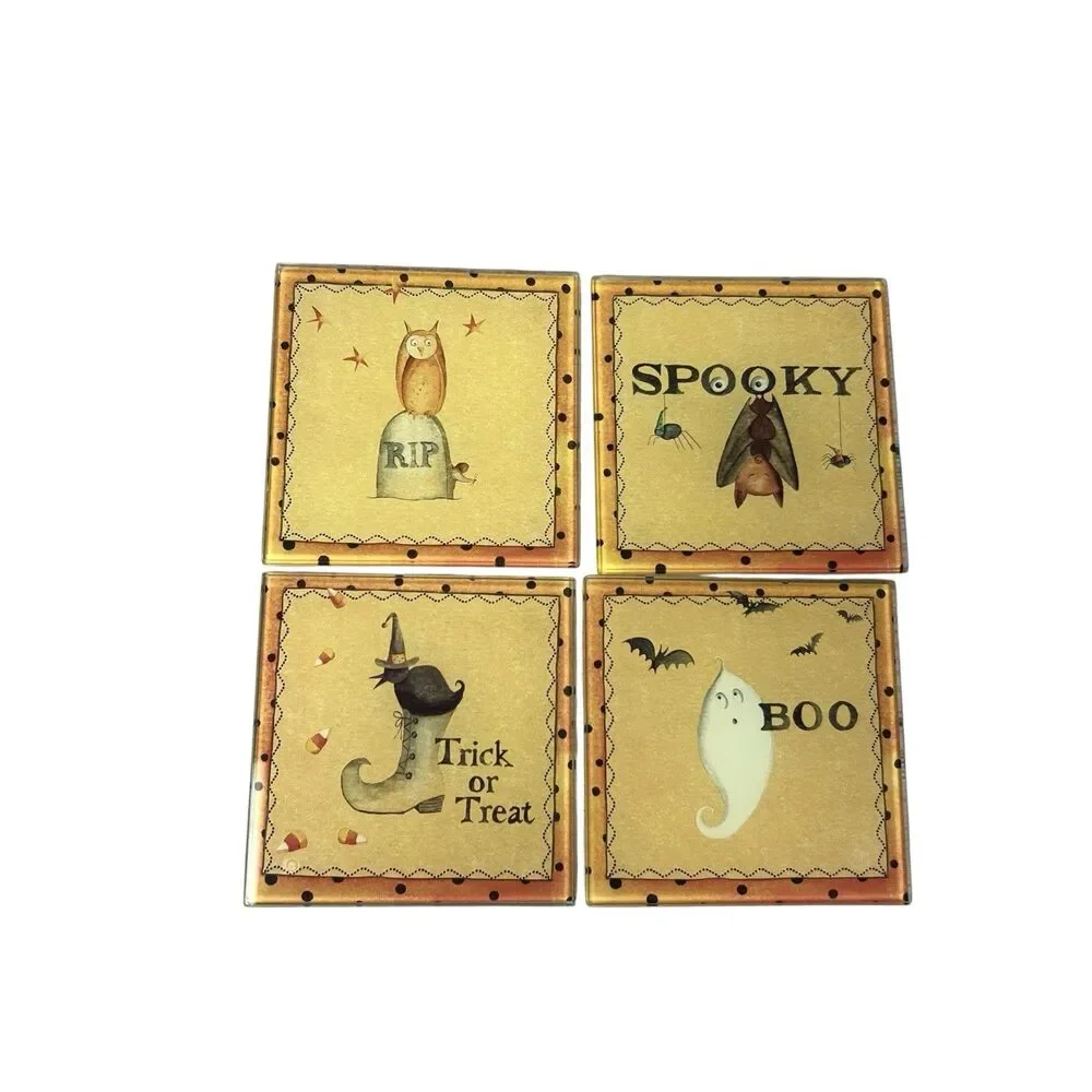 Pier 1 Imports Glass Coasters Old World Halloween Set of 4 Witch Ghost Bat Owl